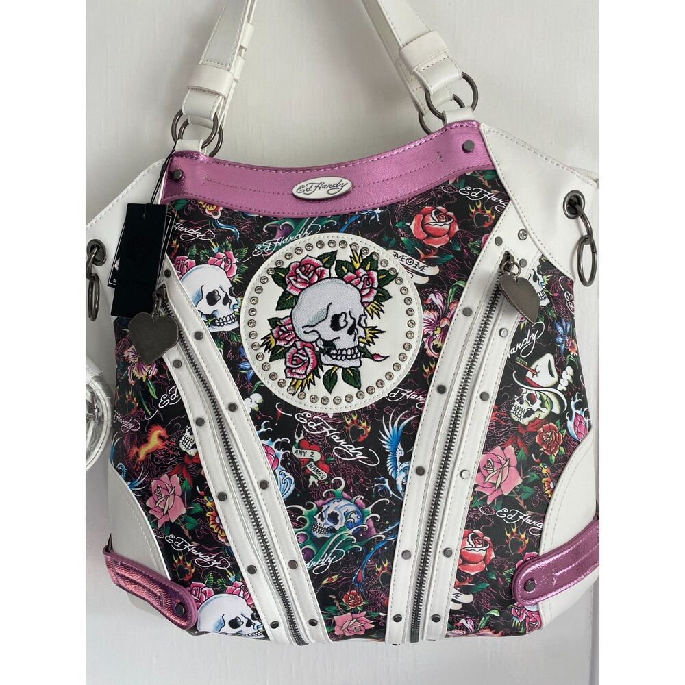 Ed Hardy Floral Skull Pink Roses Tattoo Studded Print Tote NWT